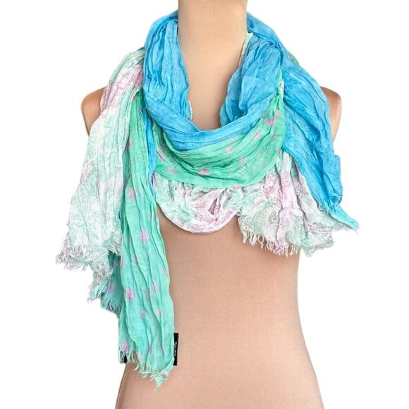 NWOT BLUE PACIFIC Silk Linen Scarf Vintage Washed Crinkled Tri-Fold Blue Green - Picture 2 of 8